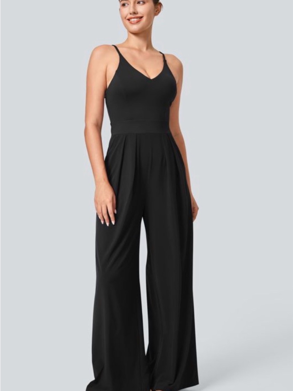 HALARA Black Wide-Leg V-Neck Jumpsuit with Thin Straps